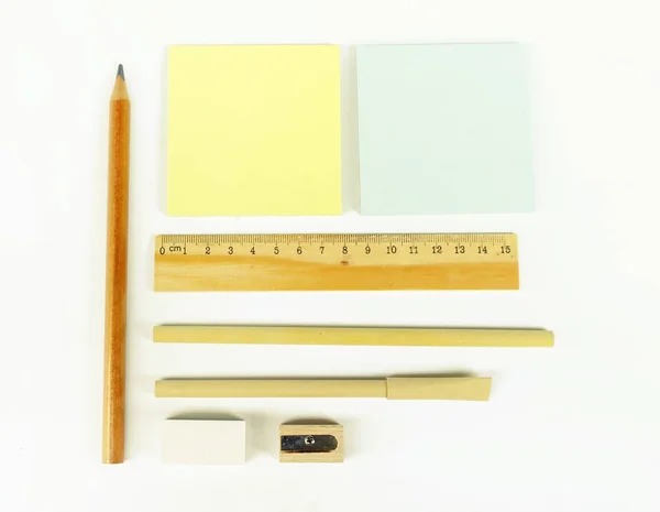 Set Wooden Writing Tools Pencil Pen Ruler Eraser Sharpener Book — Stock Photo, Image