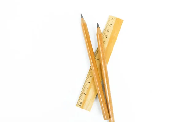 Set Wooden Writing Tools Pencil Pen Ruler Eraser Sharpener Book — Stock Photo, Image