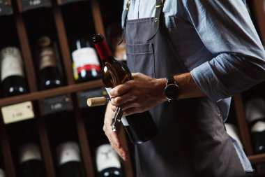 Sommelier şarap şişesi raflar arka plan üzerinde kiler holding