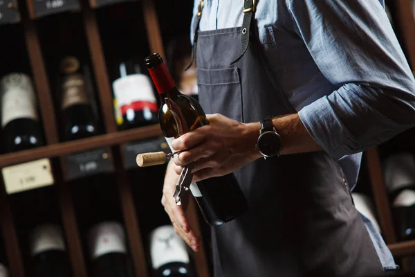 Sommelier sosteniendo botella de vino en la bodega en el fondo de los estantes — Foto de Stock