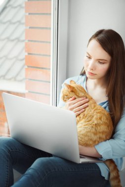 Düşünceli kadın defter kırmızı kedi kedi holding bilgi okuyun