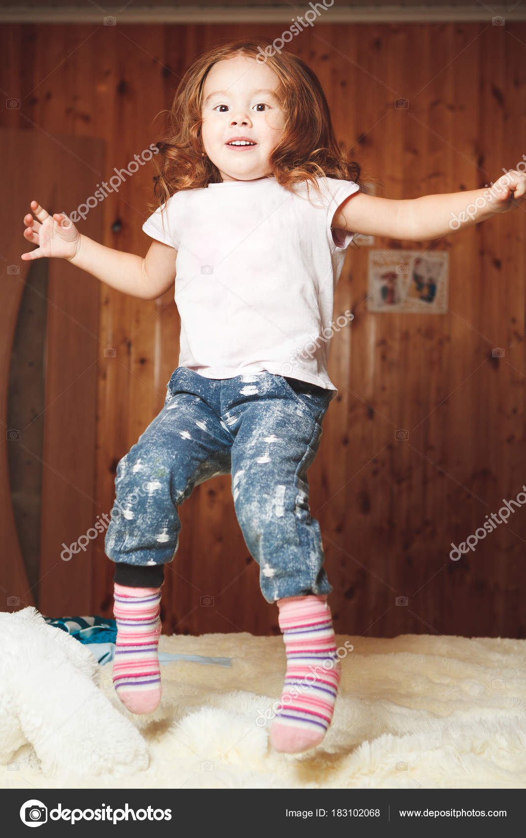 Funny Baby Jumping On The Bed Stock Photo Funny Baby Jumping On The Bed Stock Photo