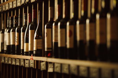 Şarap mahzeninde seçkin içecekler yazılı isimlerle raflarda.