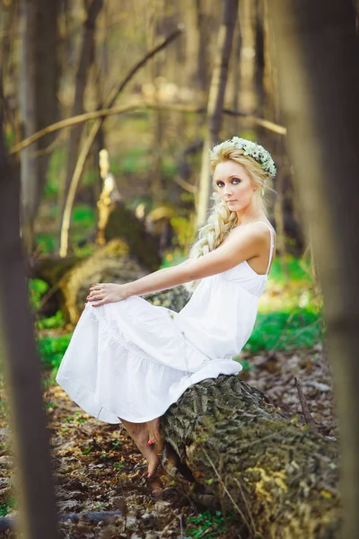 Bela mulher em vestido branco senta-se por árvore floresta verde . — Fotografia de Stock