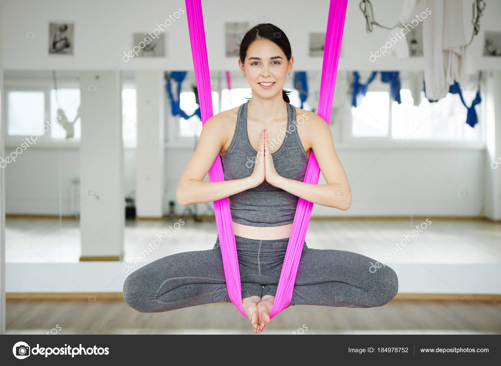 Aerial Antigravity Yoga Girl In Lotus Pose On Silk Hammock Stock Photo Image By C Il21 184978752