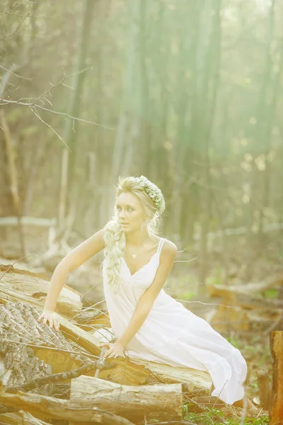 Bela mulher senta-se na floresta em tocos cortados . — Fotografia de Stock
