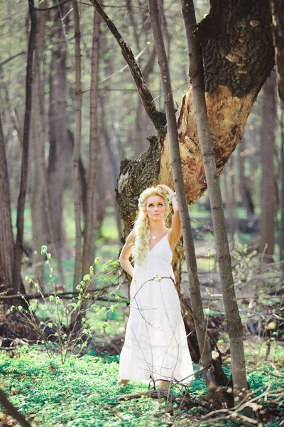 Jovem mulher com cabelo loiro na floresta vestido branco entre as árvores . — Fotografia de Stock