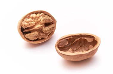 İzole edilmiş beyaz arka planda ceviz. Kapatın. Makro.