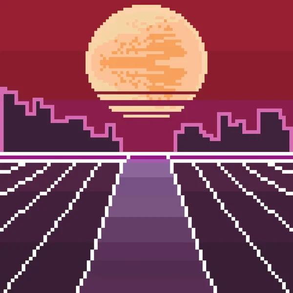 Vektör piksel City. Piksel sanat arka plan. Piksel gündoğumu veya günbatımı. 80s retro Sci-Fi arka plan. Piksel manzarası şehir. 8 bit.