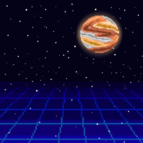 Vektör retro fütüristik arka plan. Si-fi. Ufukta parçacıklar ve yıldızlar olan soyut dijital manzara. Piksel sanat arka planı. 8 bit.