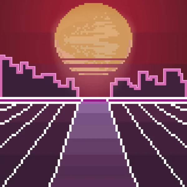 Vektor Der Pixelstadt Pixel Art Hintergrund Pixel Sonnenaufgang Oder Sonnenuntergang — Stockvektor