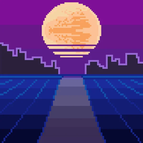 Vector Van Pixel Stad Pixel Kunst Achtergrond Pixel Zonsopgang Zonsondergang — Stockvector