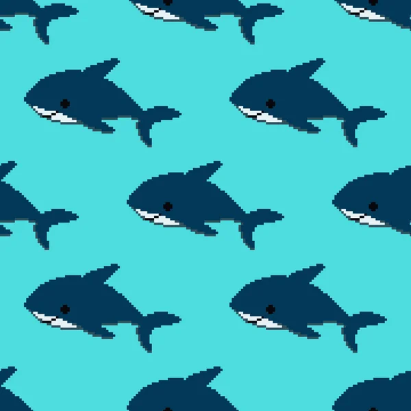 Patrón Sin Costuras Pixel Arte Tiburón Azul Bits Pixel Divertido — Vector de stock