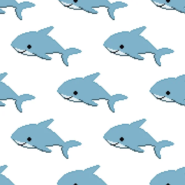 Бесшовная Пиксельная Синяя Акула Бит Забавный Симпатичный Мультяшный Персонаж — стоковый вектор