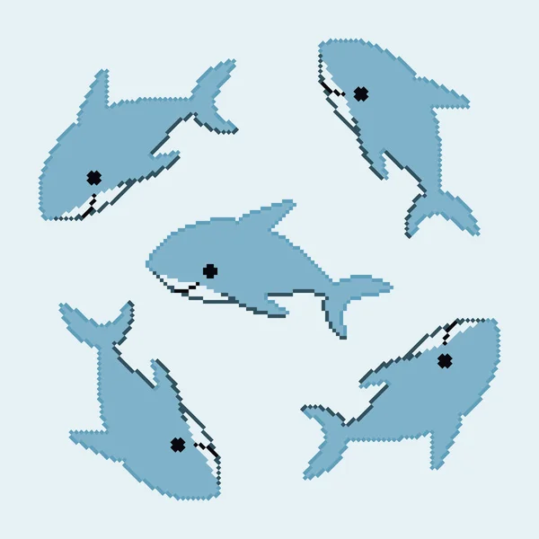 Patrón Sin Costuras Pixel Arte Tiburón Azul Bits Pixel Divertido — Archivo Imágenes Vectoriales