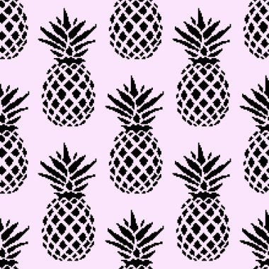 Renkli arka planda kusursuz bir yaz ananası. Vektörde kusursuz desen. Meyve illüstrasyonu. Piksel sanatı. 8 bit