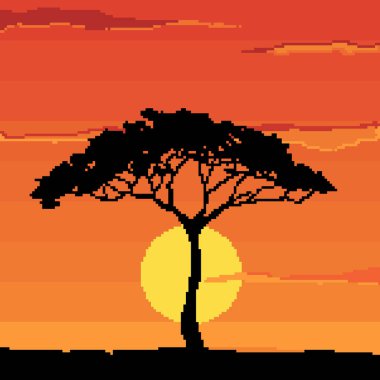 Afrika 'da zürafa ve ağaçlarla gün batımı, savana manzara çizimi. Piksel sanatı. 8 bit. 