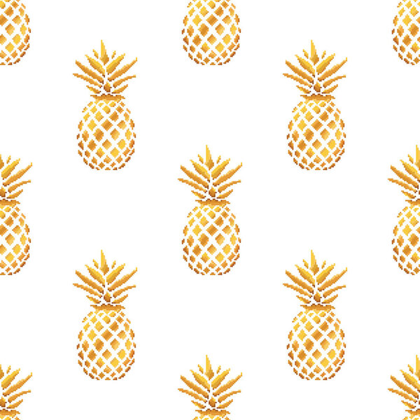 Seamless summer gold pineapple on colored background. Seamless pattern in vector. Fruit illustration. Pixel art. 8 bit