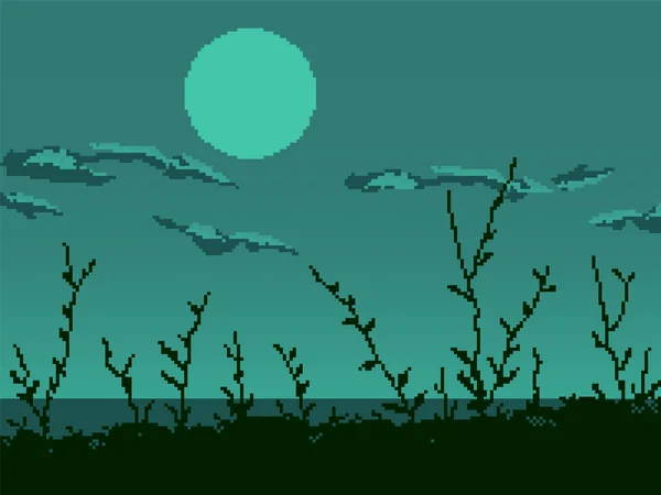 Pixel Art Game Achtergrond Met Zon Gras Beetje Silhouet Van — Stockvector