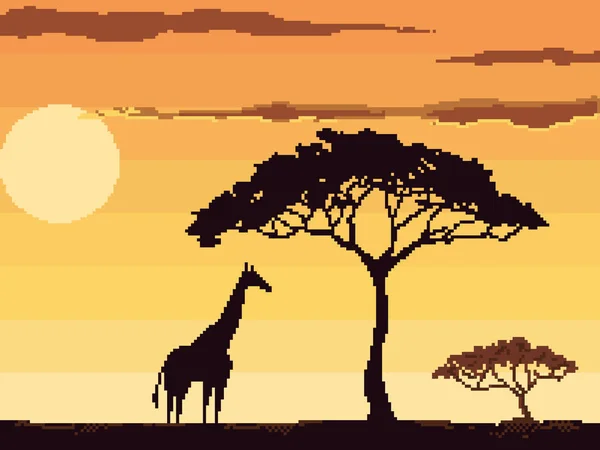 Naplemente Afrikában Zsiráffal Fákkal Szavanna Táj Vektor Illusztráció Pixel Művészet — Stock Vector