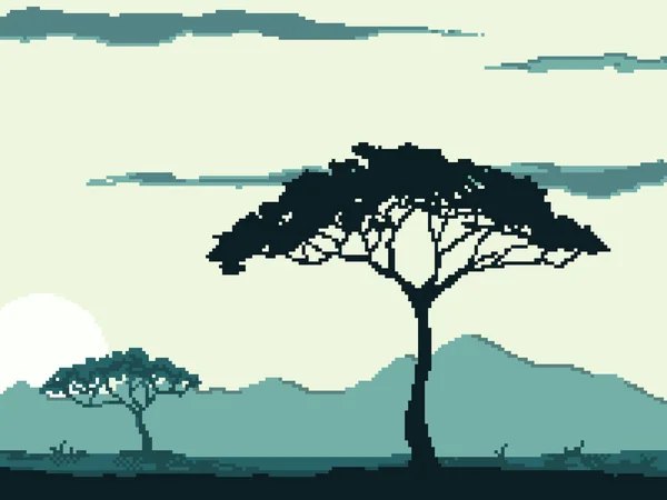 Zonsondergang Afrika Met Giraffe Bomen Savanne Landschap Vector Illustratie Pixel — Stockvector