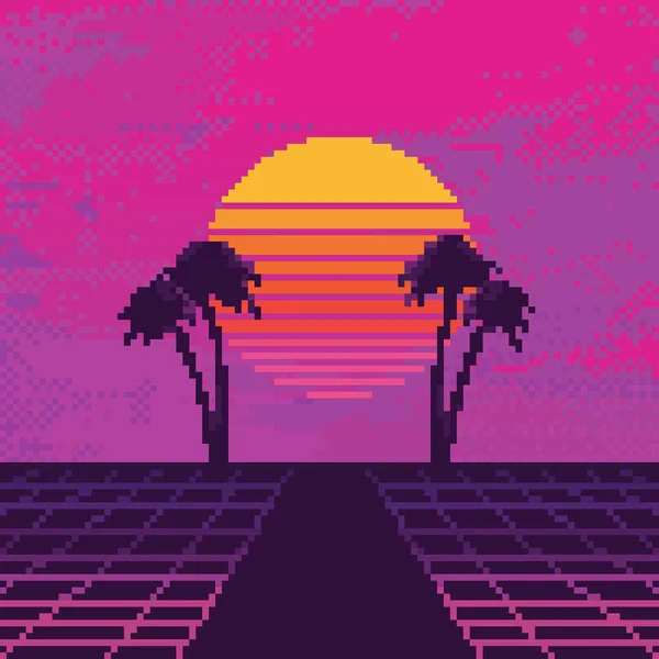 Vector Pixel Art 80S Retro Sci Background Onda Sintética Vaporwave — Vetor de Stock