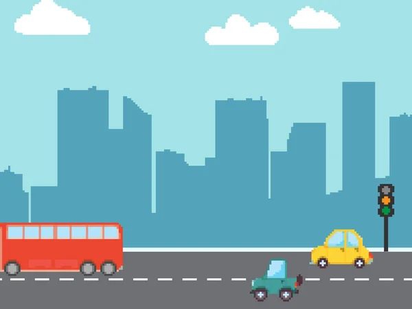 Pixel Plano Vetor Desenho Animado Estilo Ilustração Rua Paisagem Urbana — Vetor de Stock