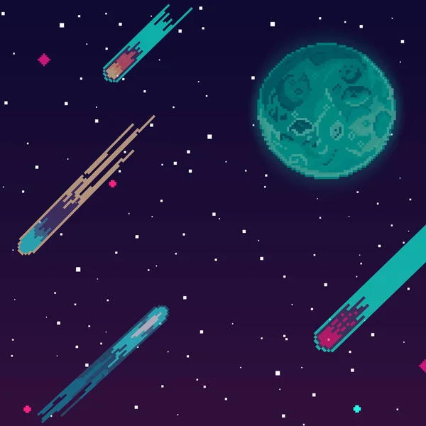 Vektör retro fütüristik arka plan. Ufukta parçacıklar ve yıldızlar olan soyut dijital manzara. Piksel sanat arka planı. 8 bit. Uzayda bir gezegen. Retro oyun tasarım arayüzü. 