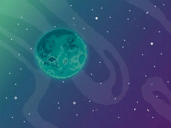 ベクトルレトロ未来的背景 概要水平線に粒子ドットや星を持つデジタル風景です ピクセルアートの背景 8ビット 宇宙空間の惑星 レトロゲームデザインインターフェイス — ストックベクタ