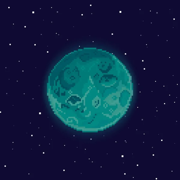 Vektör retro fütüristik arka plan. Ufukta parçacıklar ve yıldızlar olan soyut dijital manzara. Piksel sanat arka planı. 8 bit. Uzayda bir gezegen. Retro oyun tasarım arayüzü. 