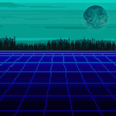 Vektör piksel sanat 80'li yılların Retro bilim-kurgu arka plan. Piksel sanat arka plan. 8 bit