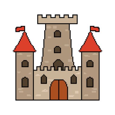 Oyunlar ve web siteleri için pikselden kale. Kaleler ve kaleler vektör simgeleri. Piksel sanatı. Eski bilgisayar grafikleri. 8 bit..