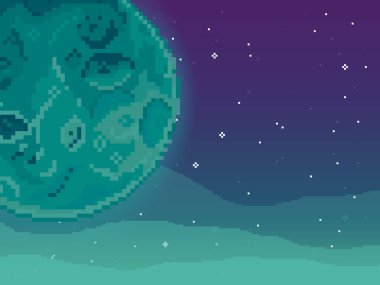 Vektör retro fütüristik arka plan. Ufukta parçacıklar ve yıldızlar olan soyut dijital manzara. Piksel sanat arka planı. 8 bit. Uzayda bir gezegen. Retro oyun tasarım arayüzü. 