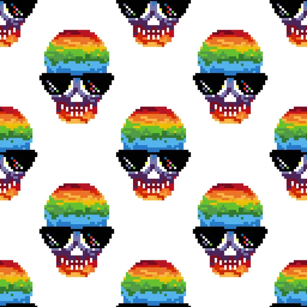 Seamless Sunglasses Skull Pattern Pixel Art Bit — Stock Vector