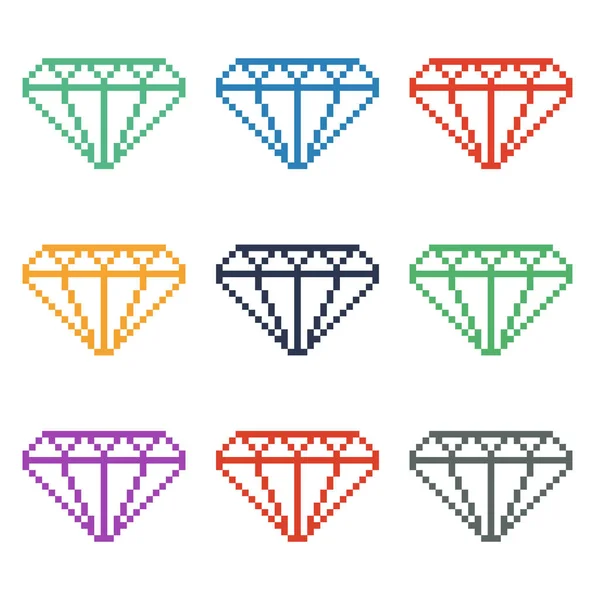 Set Collezione Gemme Pixel Colorati Gioielli Diamanti Isolati Sfondo Bianco — Vettoriale Stock