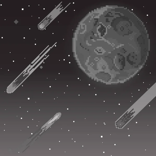 ベクトルレトロ未来的背景 概要水平線に粒子ドットや星を持つデジタル風景です ピクセルアートの背景 8ビット 宇宙空間の惑星 レトロゲームデザインインターフェイス — ストックベクタ