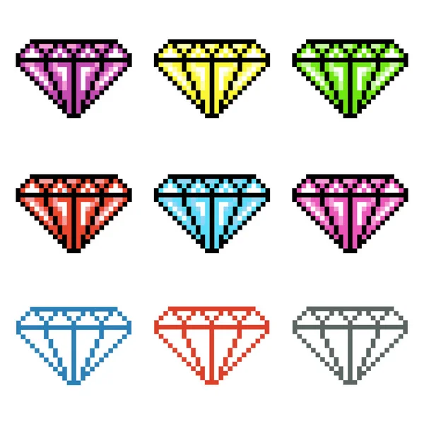 Sada Sbírka Barevných Pixelových Drahokamů Šperků Diamantů Izolovaných Bílém Pozadí — Stockový vektor