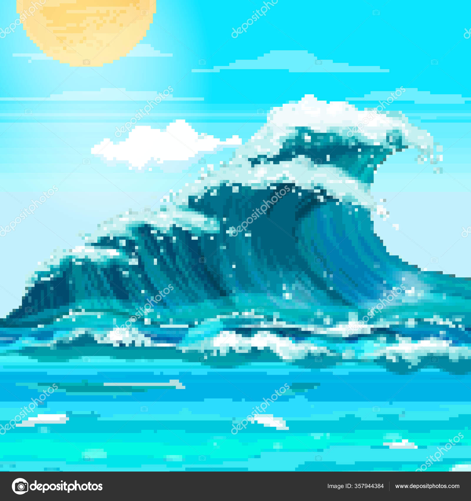 Ondas Mar Pixel Arte Píxeles Verano Bits Ilustración Vectorial Estilo ...