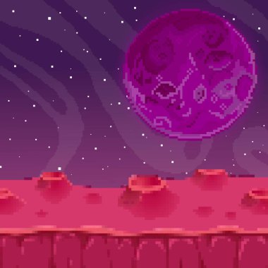 Vektör retro fütüristik arka plan. Ufukta parçacıklar ve yıldızlar olan soyut dijital manzara. Piksel sanat arka planı. 8 bit. Uzayda bir gezegen. Retro oyun tasarım arayüzü. 
