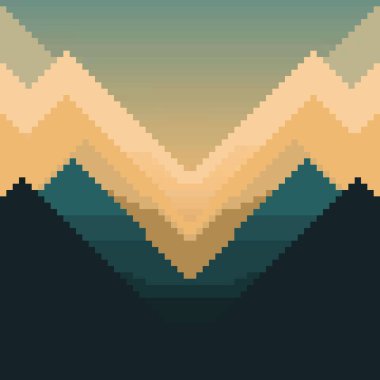 Piksel sanatı kusursuz arka plan. Dağlı, yıldızlı ve aylı bir yer. Oyun veya uygulama için peyzaj. 8 bit.