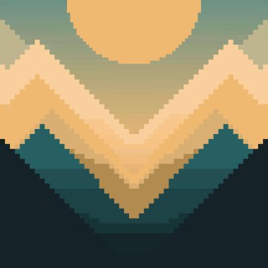 Piksel sanatı kusursuz arka plan. Dağlı, yıldızlı ve aylı bir yer. Oyun veya uygulama için peyzaj. 8 bit.
