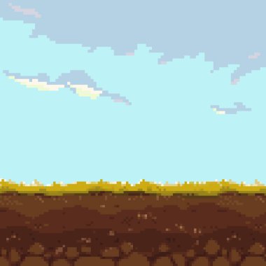 Piksel resim oyunu geçmişi. Yer, çimen, gökyüzü ve bulutlar. Piksel sanatı. Oyun Tasarımı. 8 bit. 