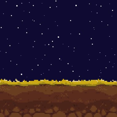 Piksel resim oyunu geçmişi. Yer, çimen, gökyüzü ve bulutlar. Piksel sanatı. Oyun Tasarımı. 8 bit. 