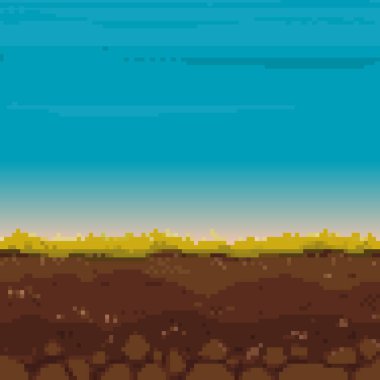Piksel resim oyunu geçmişi. Yer, çimen, gökyüzü ve bulutlar. Piksel sanatı. Oyun Tasarımı. 8 bit. 