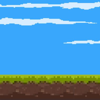 Piksel resim oyunu geçmişi. Yer, çimen, gökyüzü ve bulutlar. Piksel sanatı. Oyun Tasarımı. 8 bit. 