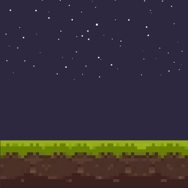 Piksel resim oyunu geçmişi. Yer, çimen, gökyüzü ve bulutlar. Piksel sanatı. Oyun Tasarımı. 8 bit. 
