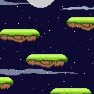 Piksel resim oyunu geçmişi. Yer, çimen, gökyüzü ve bulutlar. Piksel sanatı. Oyun Tasarımı. 8 bit. 