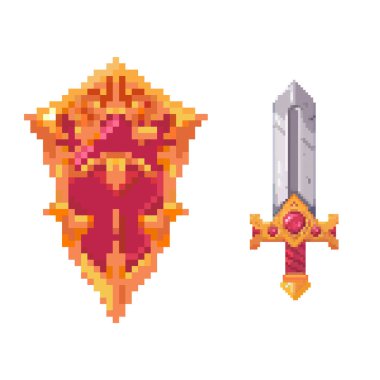 Piksel oyun simgeleri. 8 bit. Kılıç ve kalkan