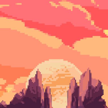Piksel sanat arka planı. Dağlı, güneşli, ağaçlı ve bulutlu bir yer. Oyun veya uygulama için peyzaj. 8 bit