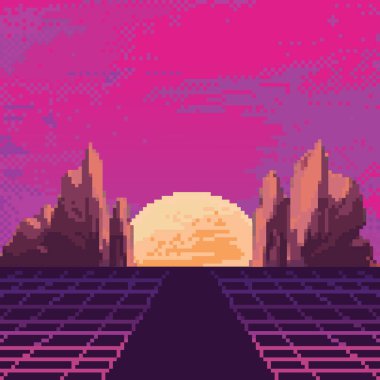 80 'lerin Retro bilim-kurgu arka planının vektör piksel sanatı. Sentetik dalga, Vaporwave, Retrowave. Piksel sanat arka planında dağlar var. 8bit